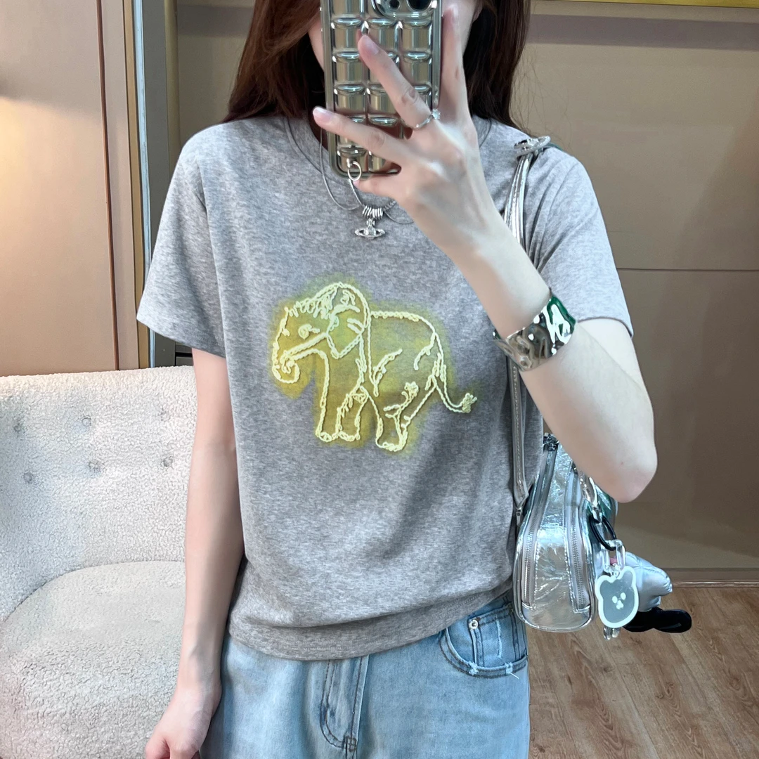 重工刺绣轻奢2025新款百搭休闲圆领短袖修身设计感潮流t恤女