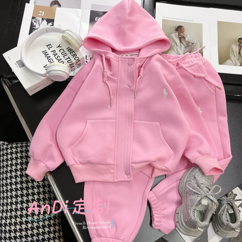 〖ANDI〗订制春季新款女童洋气刺绣连帽拉链卫衣套装3451