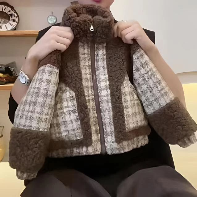 男童冬季新款格子拼毛绒小香风夹棉外套新款男童洋气酷帅加厚棉衣