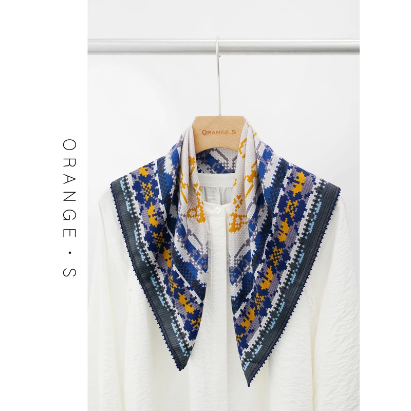 羊毛中方巾!【费尔岛十字绣】蓝色系绣花~100%羊毛 围巾丝巾女62cm