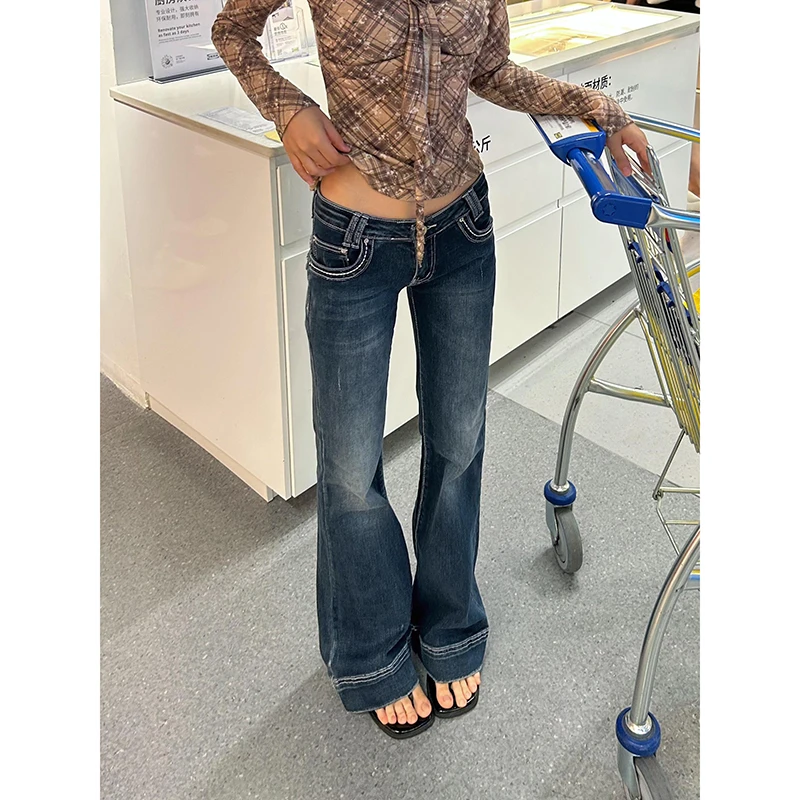 美式辣妹低腰深蓝色微喇牛仔裤女秋季显瘦修身百搭休闲直筒拖地裤