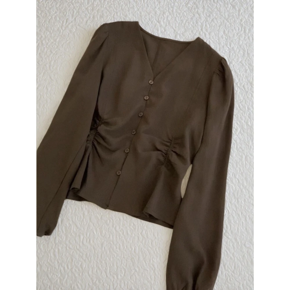 端庄优雅大气！咖啡色抽褶V领衬衫女2025秋季法式气质长袖百搭上衣