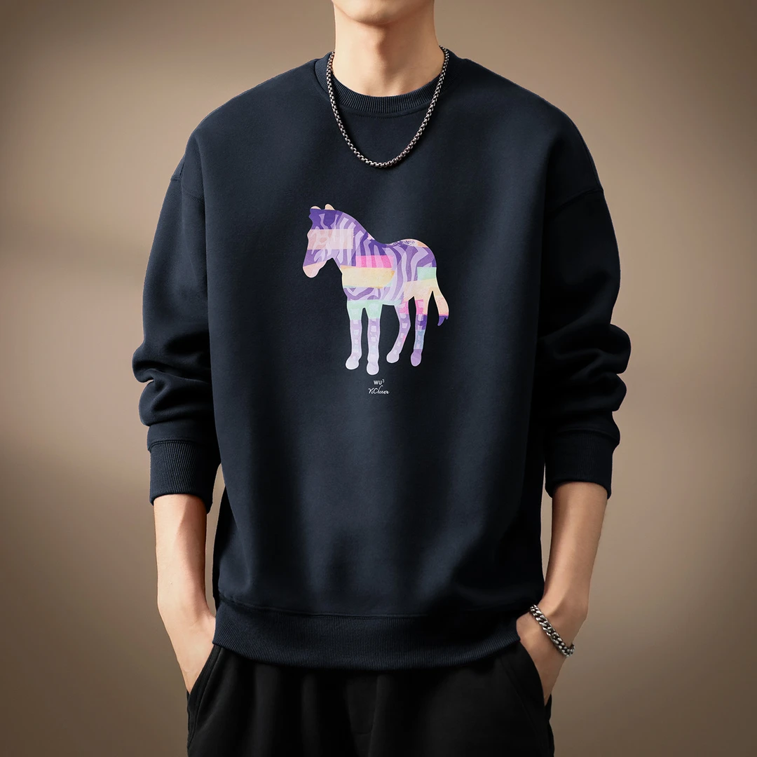 高端美式彩色斑马圆领卫衣男士2026冬季新款个性印花潮流宽松外套