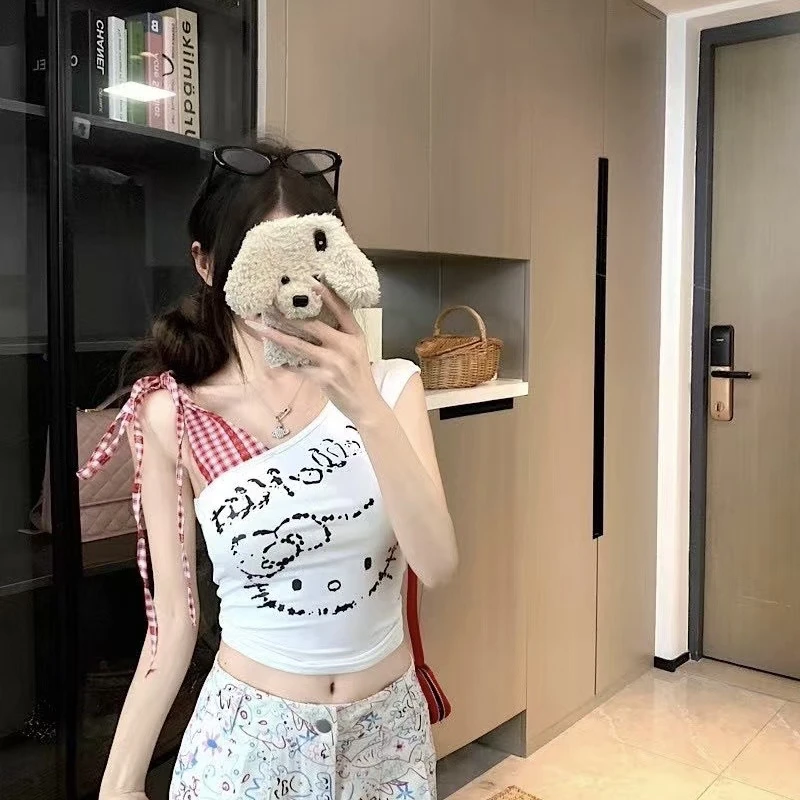夏季甜辣风猫咪格子拼接斜肩带胸垫短款露肩背心T恤女