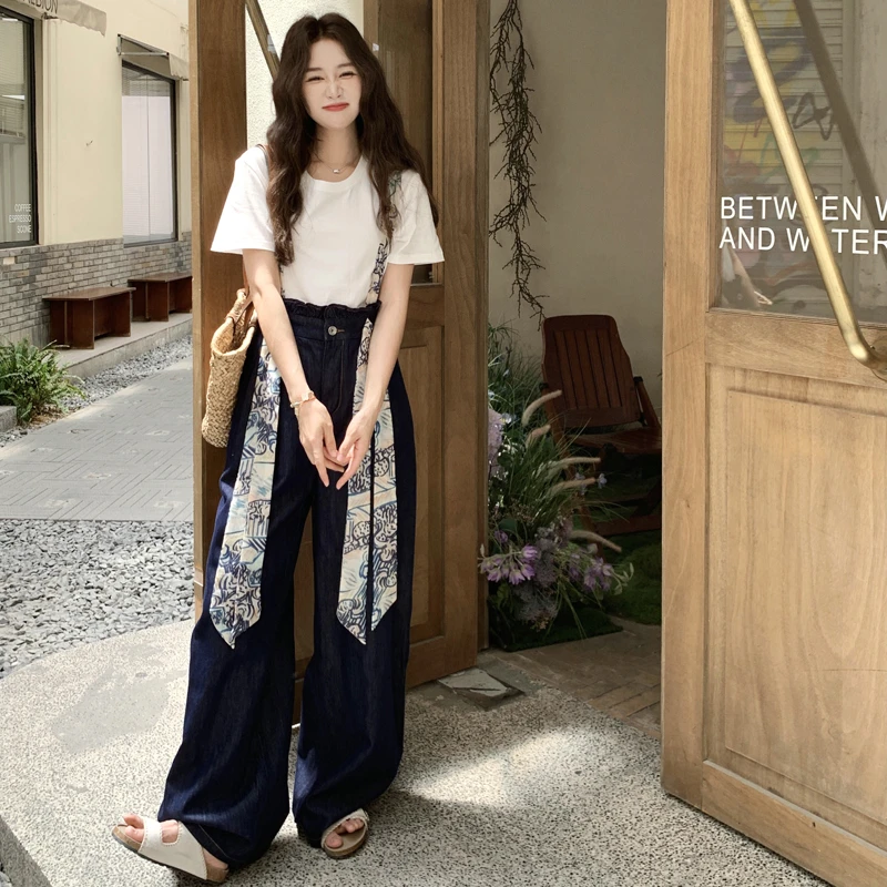 夏季 ootd减龄穿搭一整套炸街设计感牛仔背带裤短袖T恤两件套装女