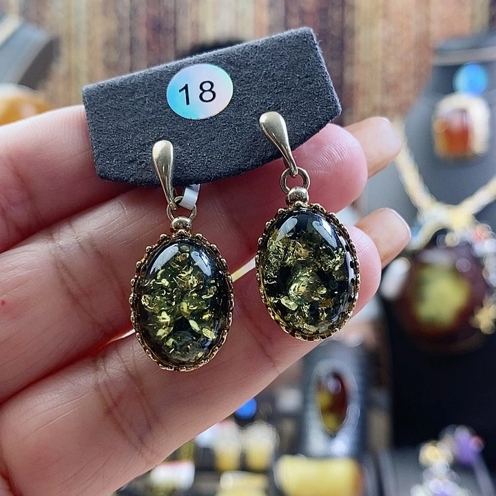 琥珀银S925镶嵌耳饰耳环