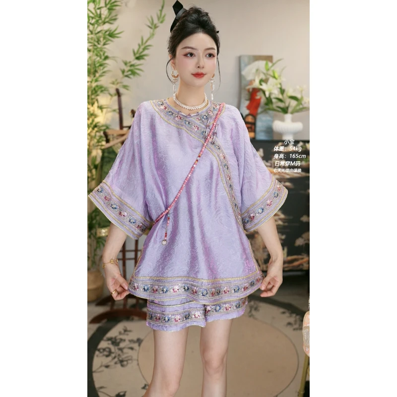 夏维莲2025新款大码显瘦时尚烟紫上衣和长短裤(2810+2820）