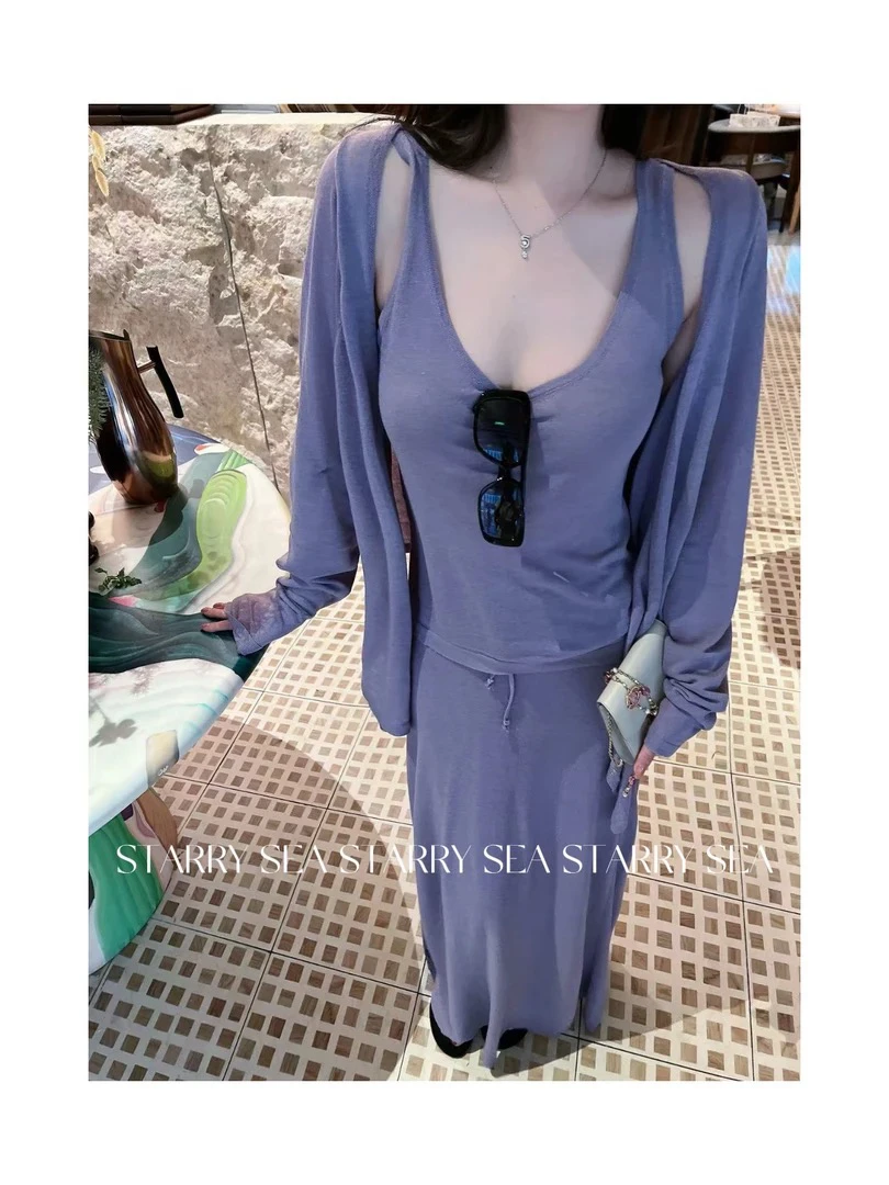 PP 福利慵懒风天丝亚麻针织开衫+吊带背心+半身裙三件套#PP0123TZ