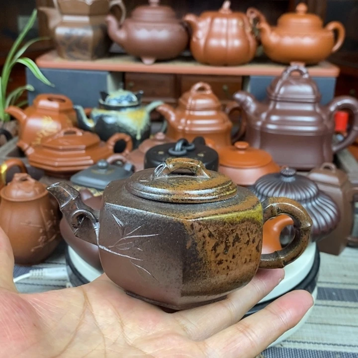 茶壶紫砂六方竹节180cc原矿老紫泥柴烧