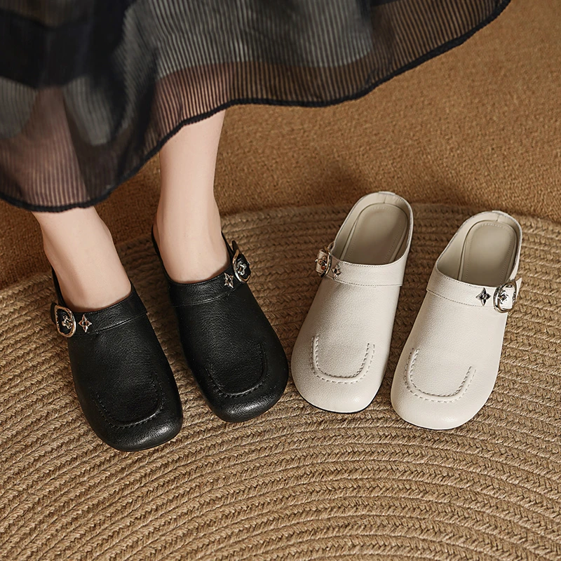 BELL&CC3cm平底包头拖鞋女外穿时尚不臭脚2025新款爆款真皮穆勒鞋