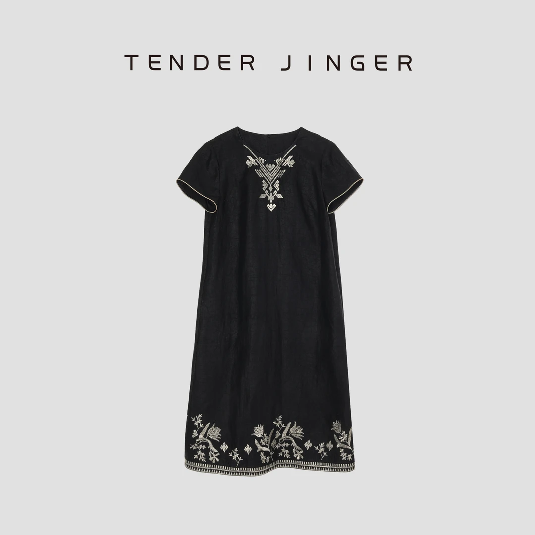 Tender Jinger【黑标】桑蚕丝显瘦简约绣花连衣裙T52LAN80919