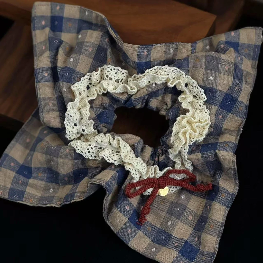 春款森系蕾丝小蛋糕蝴蝶结花边复古格子大方巾肠圈马尾发圈