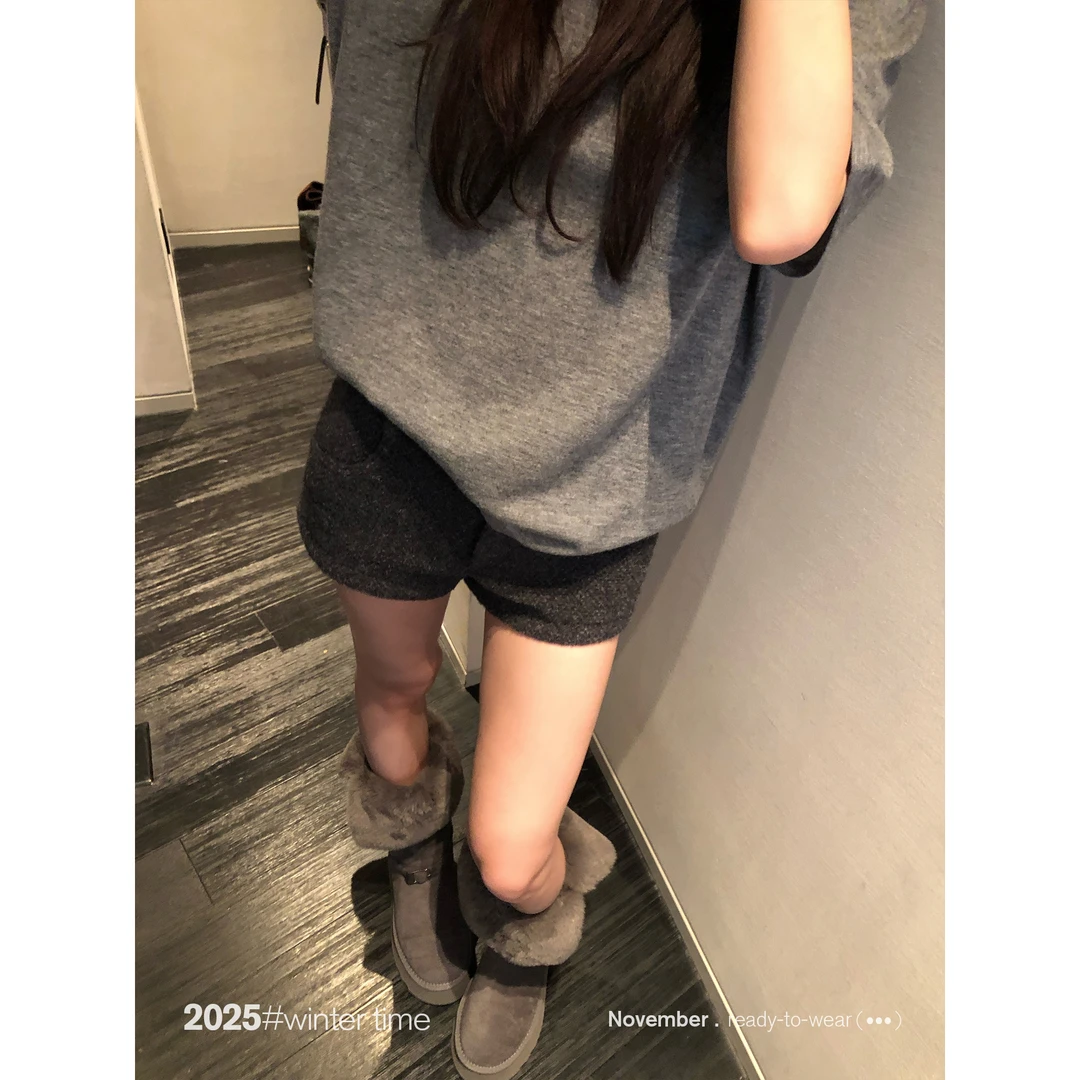 SUNONEONE 灰色直筒加厚毛呢休闲短裤女秋冬季外穿修身裤子H1320K