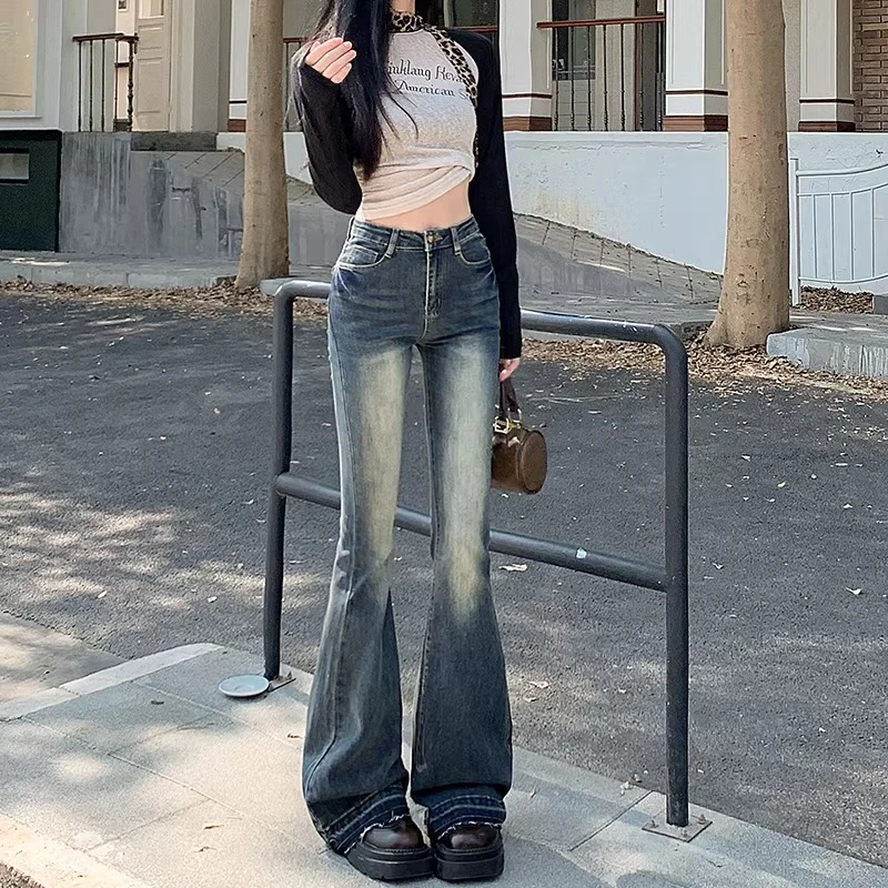 美式复古微喇牛仔裤女2025新款春秋高腰显瘦垂感弹力马蹄喇叭裤子