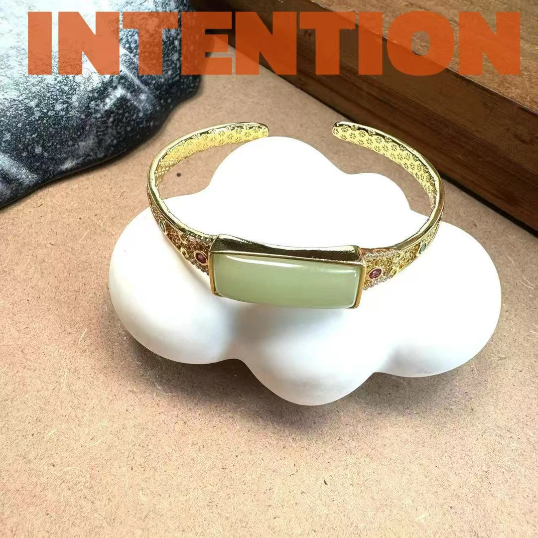 手镯 正品INTENTION 新中式厚装湖水绿色开口手镯AE589