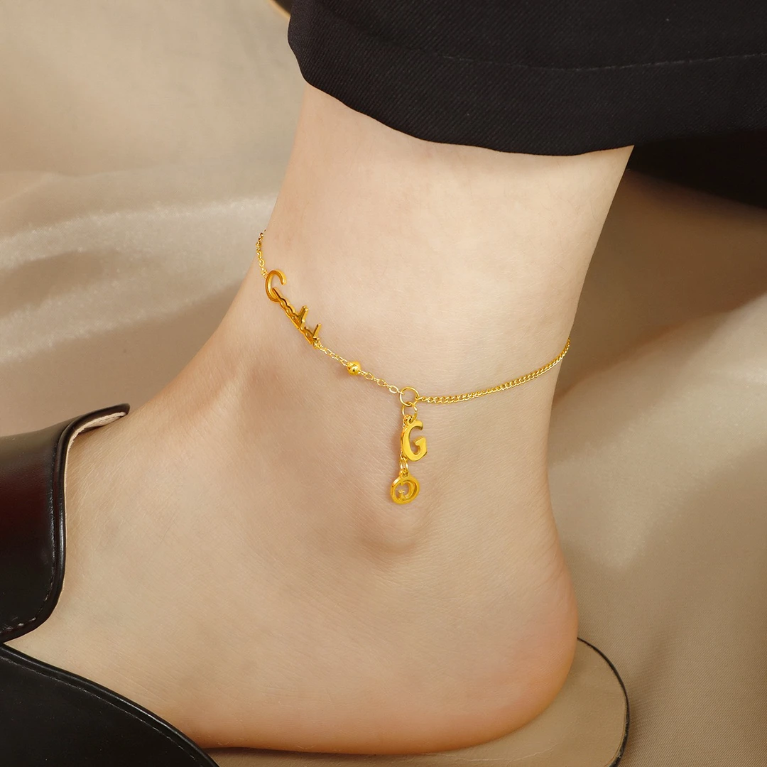 钛钢脚链 不掉色幸运脚链钛钢简约字母G流苏气质款JL704