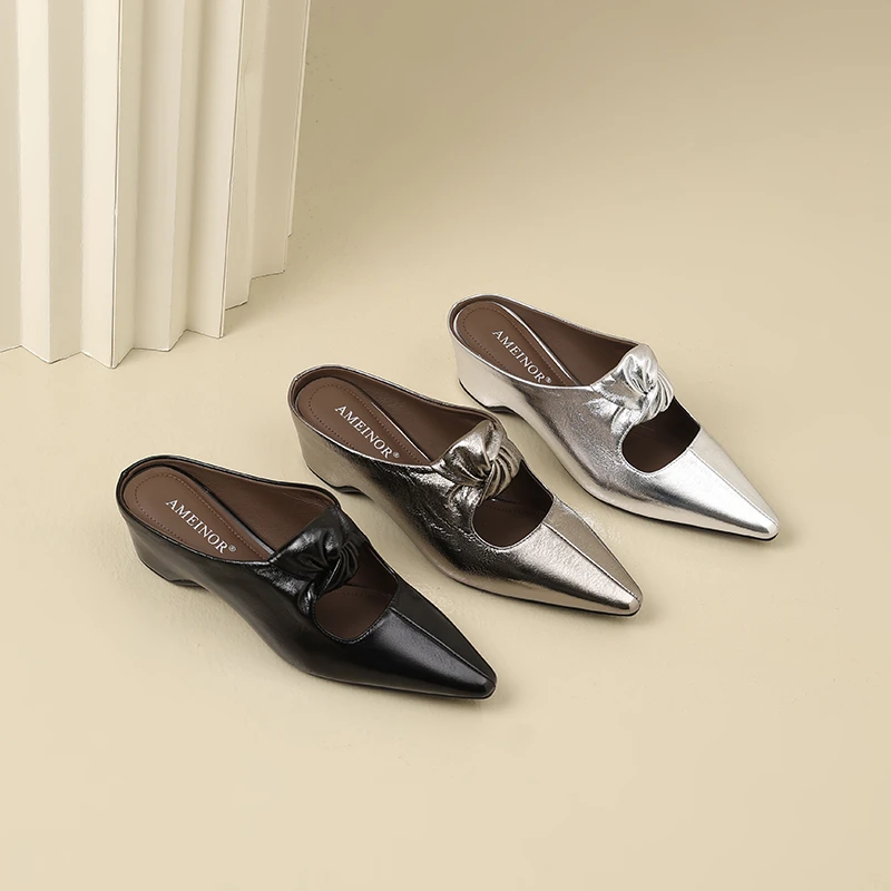 AMEINOR2025夏季新款真皮镂空小尖头花朵小坡跟低跟女士拖鞋