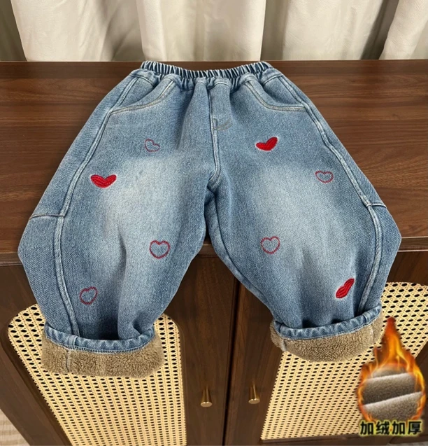 女童加绒加厚牛仔裤女孩韩版休闲裤新款女宝宝一体绒长裤羊羔厚绒