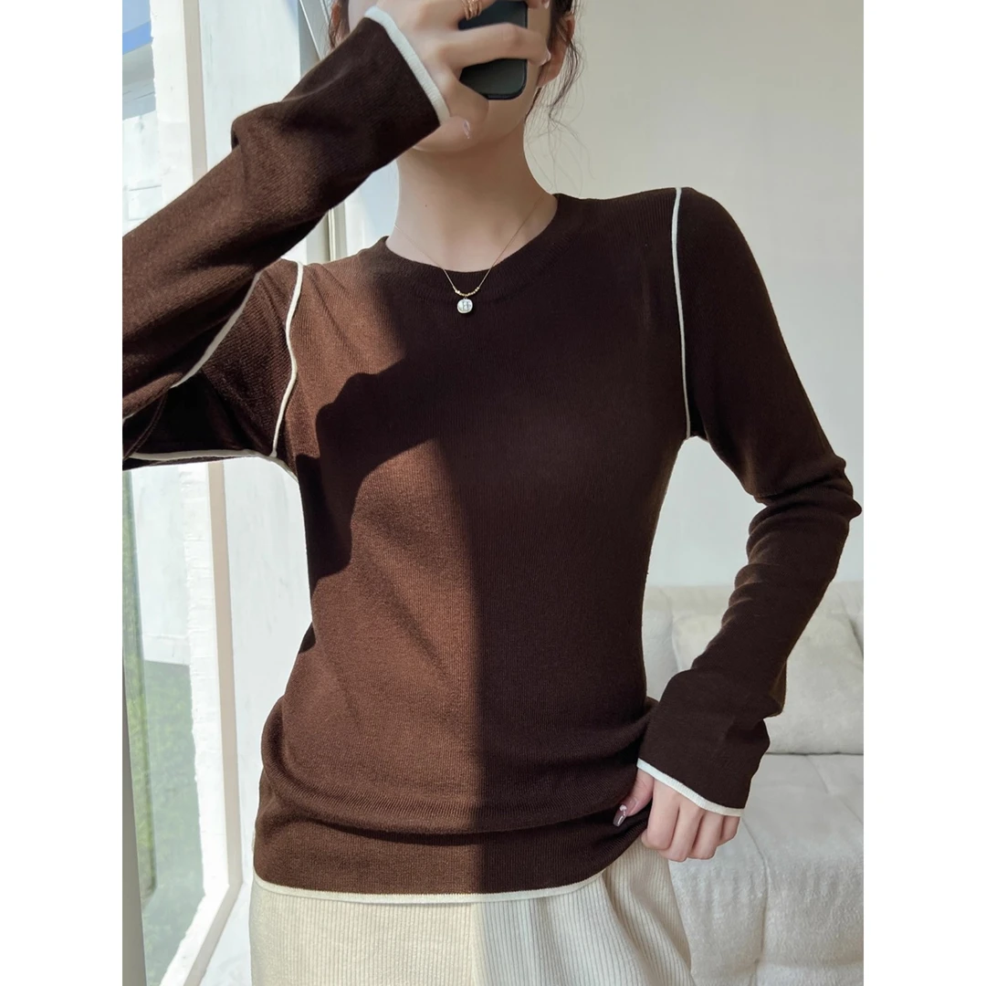 咖色针织打底衫女2025新款春秋季圆领毛衣外穿长袖内搭上衣高级感