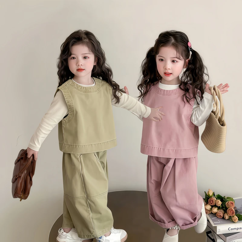 女童套装2025新款儿童春秋装韩版洋气时髦秋装宝宝工装马甲三件套