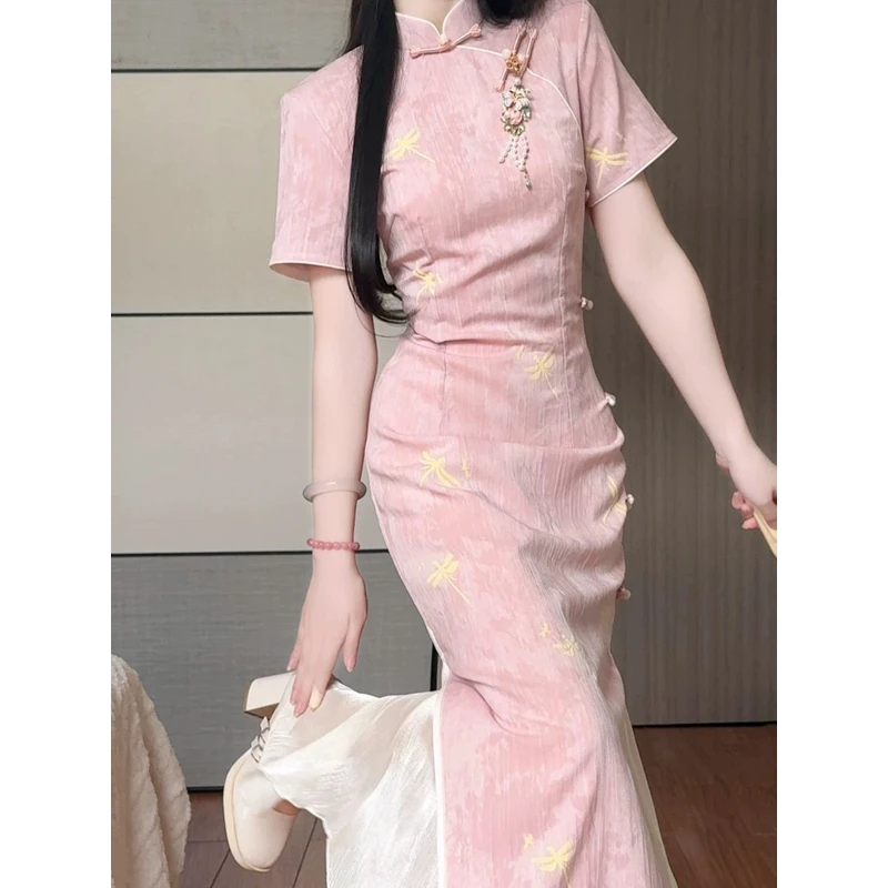 粉色旗袍女夏季长款淑女温柔民国风年轻款新款收腰文艺棉麻连衣裙