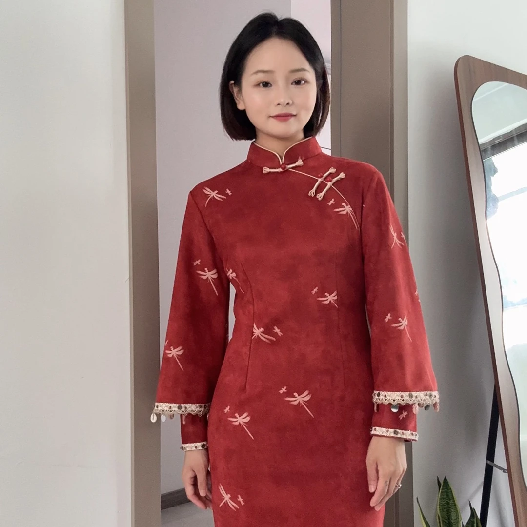 三小姐（红豆生南国）长118+秋季橘红色新款少女重工改良显瘦旗袍
