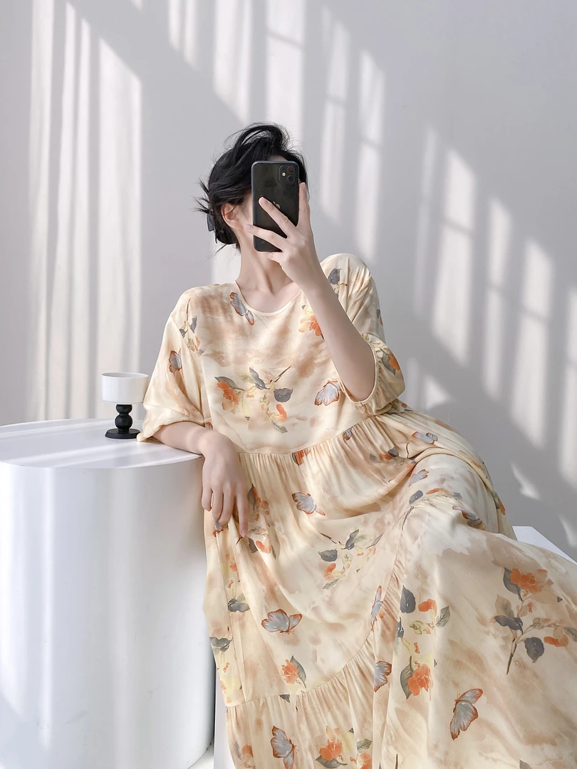 【加长版】【连衣裙短袖～精梳棉绸】夏季宽松睡裙可外穿1738~戴
