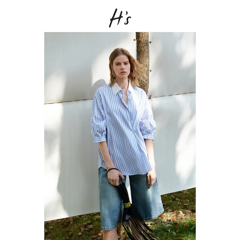 H'S高支高密衬衫女25夏新高级通勤航海蓝色色织条纹衬衣