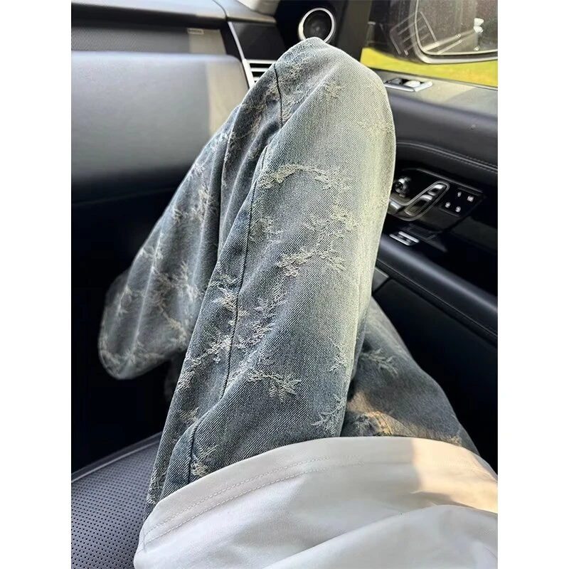 国潮复古提花牛仔裤男设计感水洗裤子美式高街vibe直筒微喇裤