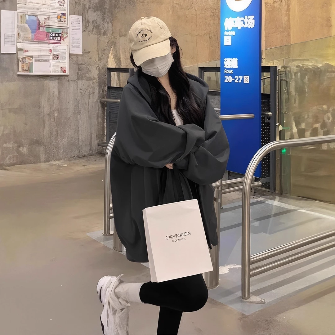 连帽卫衣女深灰色2025新款早秋宽松拉链开衫外套冬季加绒加厚上衣
