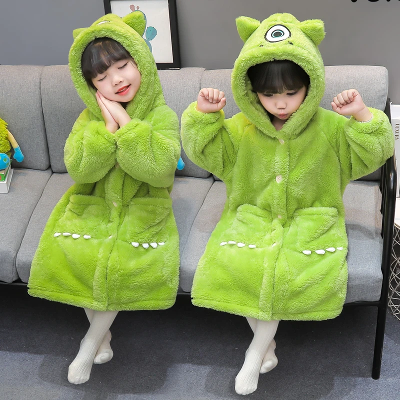 儿童秋冬季睡袍加厚女童宝宝洗澡浴袍珊瑚绒加绒卡通连帽外穿浴袍