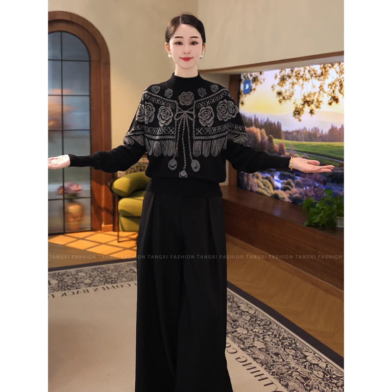 2025年秋冬新款【8479】含绵羊毛时尚爆款提花黑色软糯针织衫毛衣女