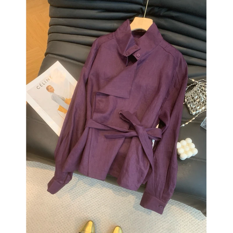 【运补6】2025秋季新款长袖衬衫女收腰衬衣系腰带单排扣气质上衣