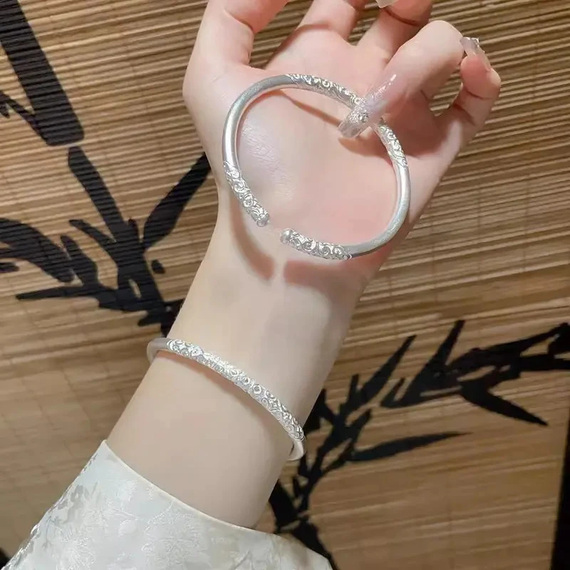 足银手镯 卷草纹足银999手镯女古法传承开口款百搭纯银镯子送人礼