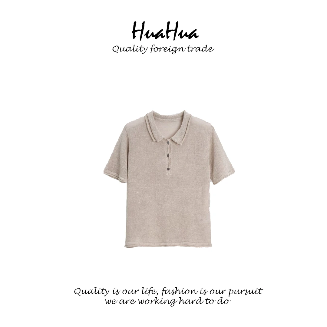 HUAXX 【麻境】卷边POLO领透气短袖衫纯色针织 XX25089