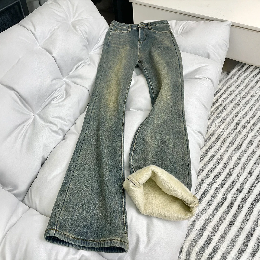 加绒加厚复古蓝直筒牛仔裤女秋冬加绒大码胖mm高腰遮胯弹力微喇裤