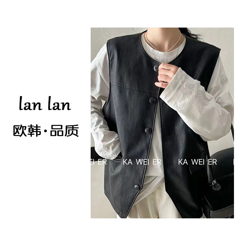 lanlan-春上新【无领皮马甲】韩版小众复古显瘦时尚皮衣马甲百搭