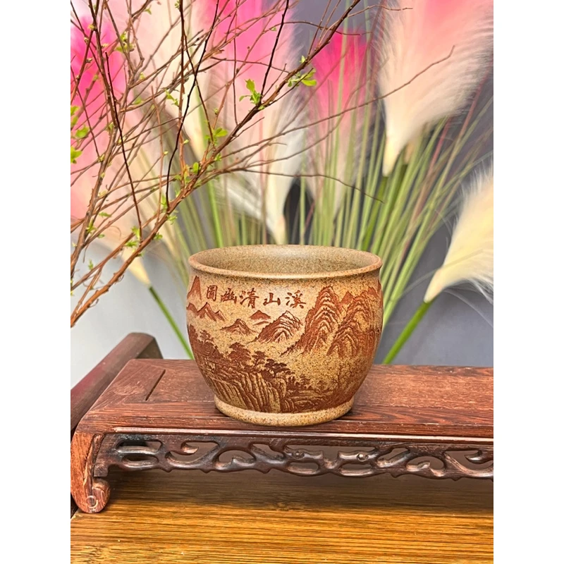 109宜兴紫砂高温柴烧满刻山水主人杯茶杯茶具紫砂杯正品品茗