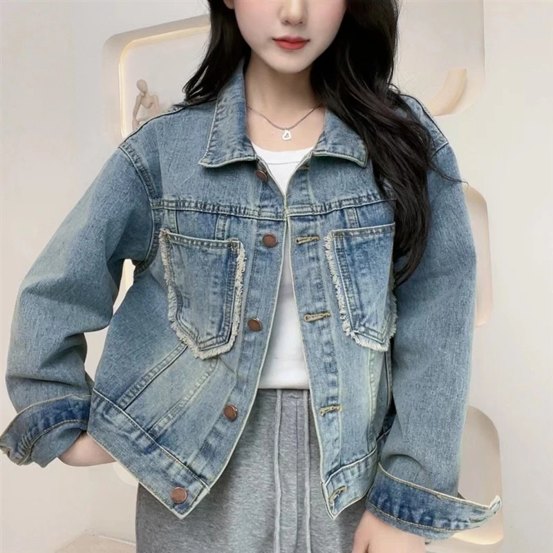 韩版宽松显瘦休闲上衣夹克女潮春季2025年新款设计感毛边牛仔外套