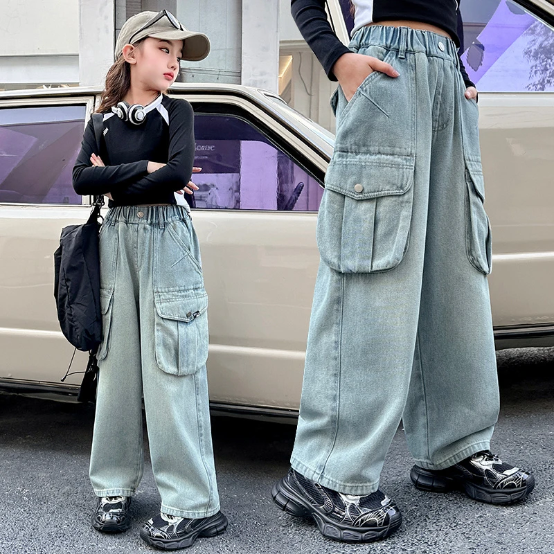 女童立体口袋工装裤春秋2025新款儿童洋气休闲牛仔裤女孩童阔腿裤