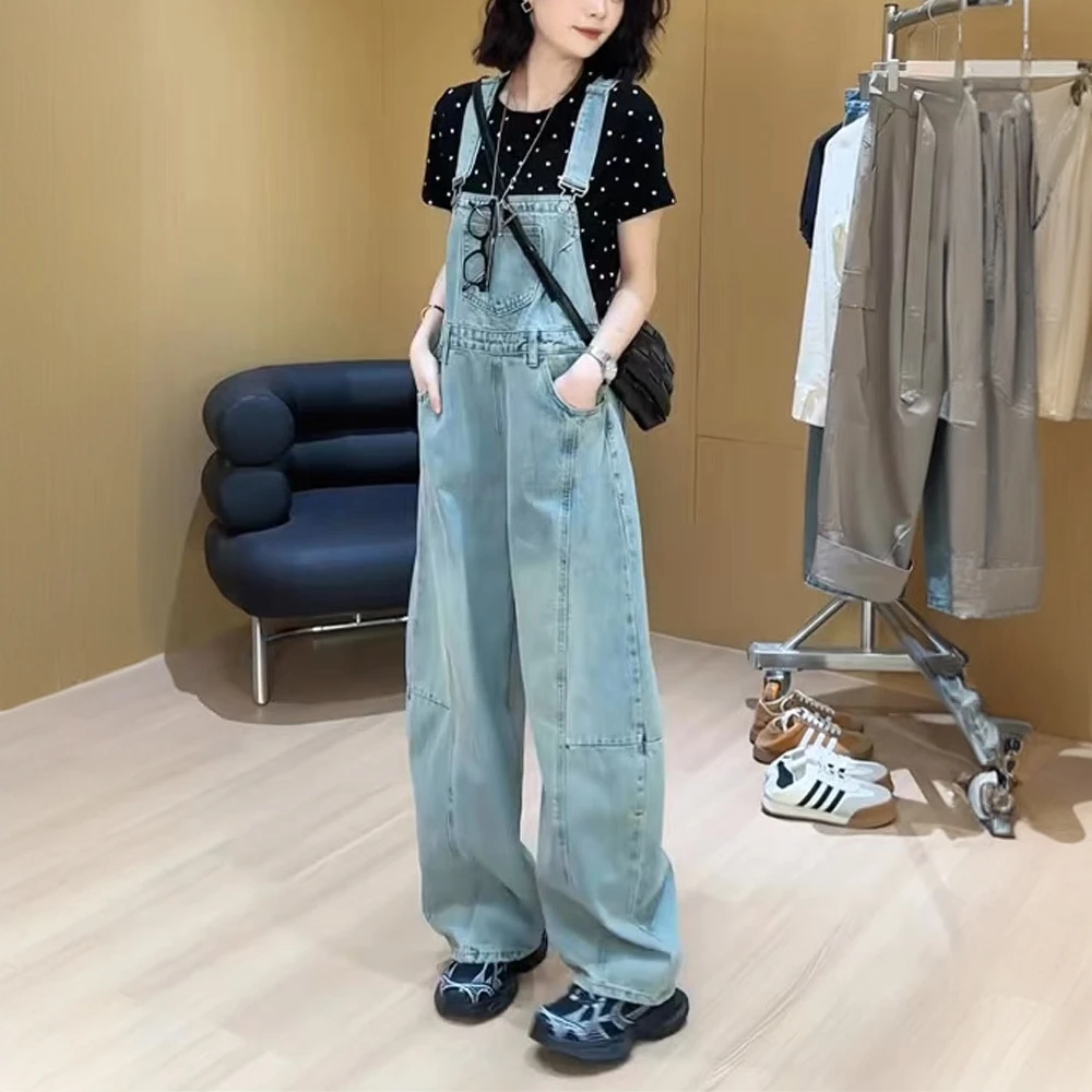 设计感复古弯刀牛仔背带裤女春夏韩版宽松俏皮减龄直筒阔腿连体裤