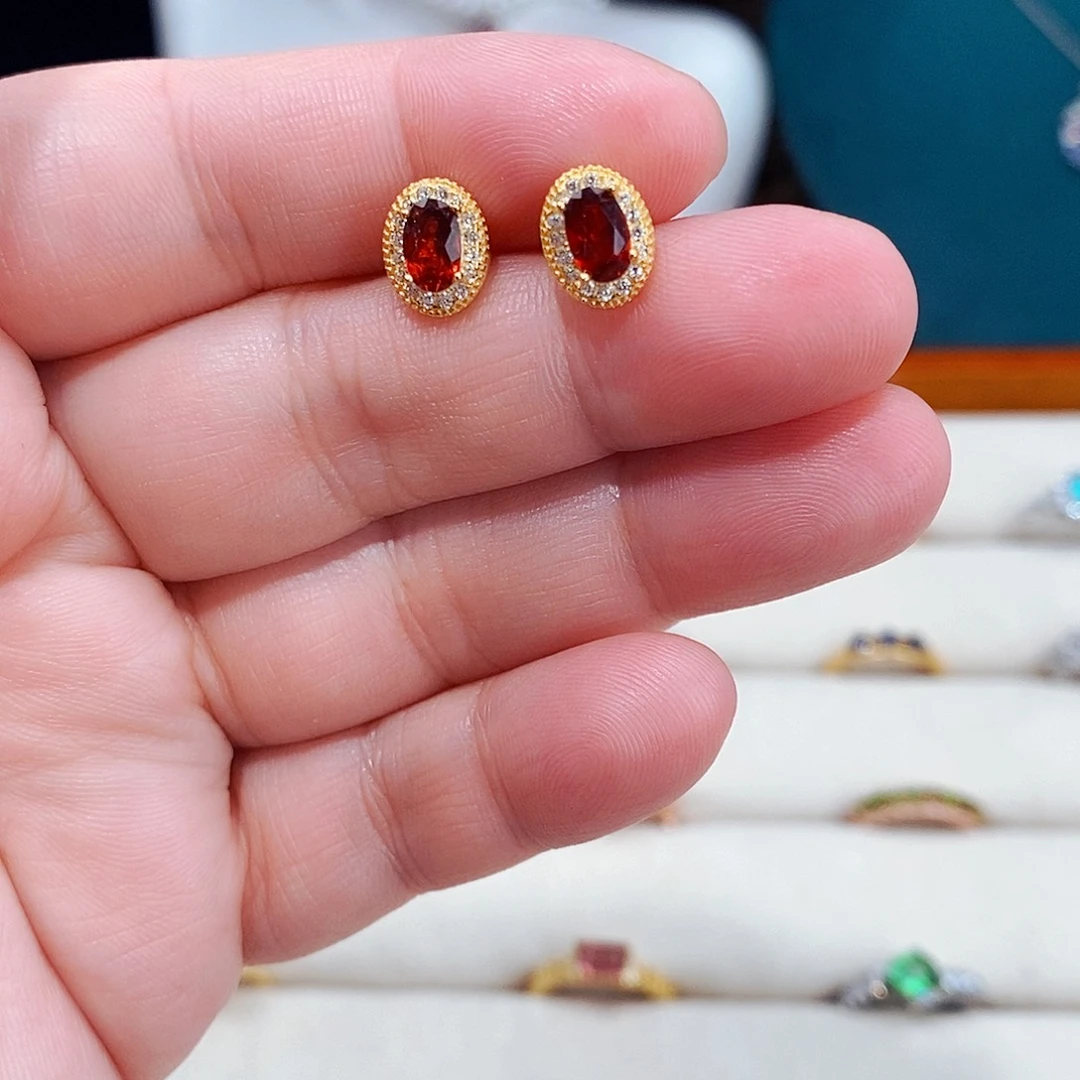 石榴石（芬达石）耳饰银S925镶嵌