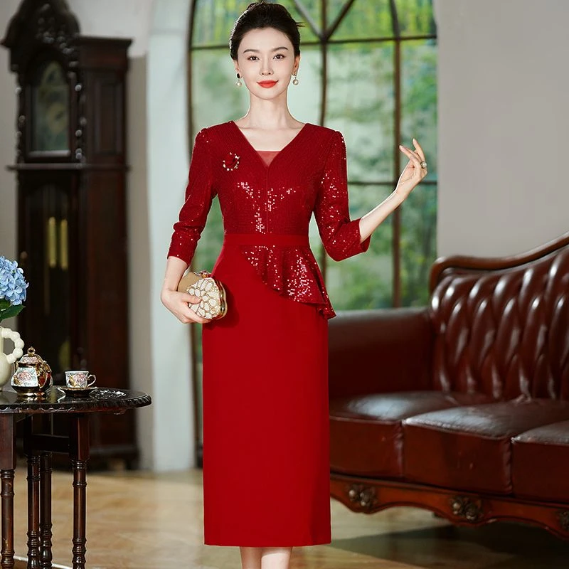 喜婆婆喜妈妈婚宴礼服高贵荷叶边气质假两件连衣裙秋装新款宴会