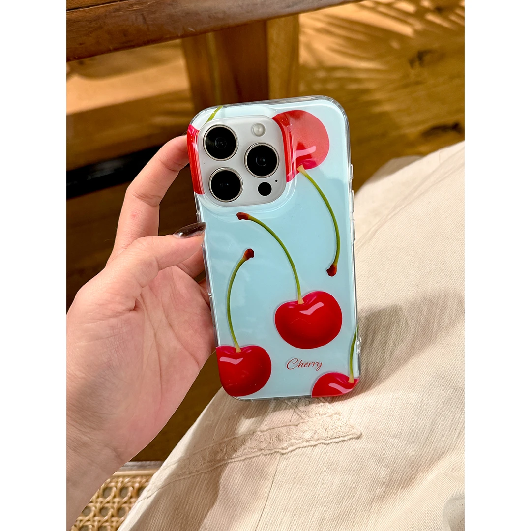 适用苹果16手机壳iPhone15/14promax简约ins蓝底樱桃手机保护套