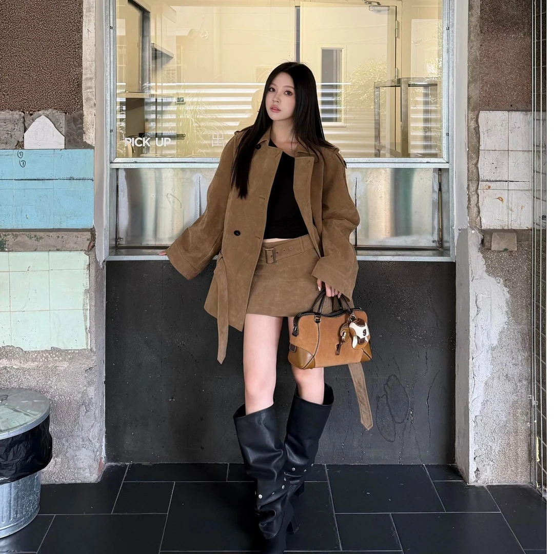 英伦风咖色百搭短款风衣外套高腰A字半身裙复古气质两件套女秋季