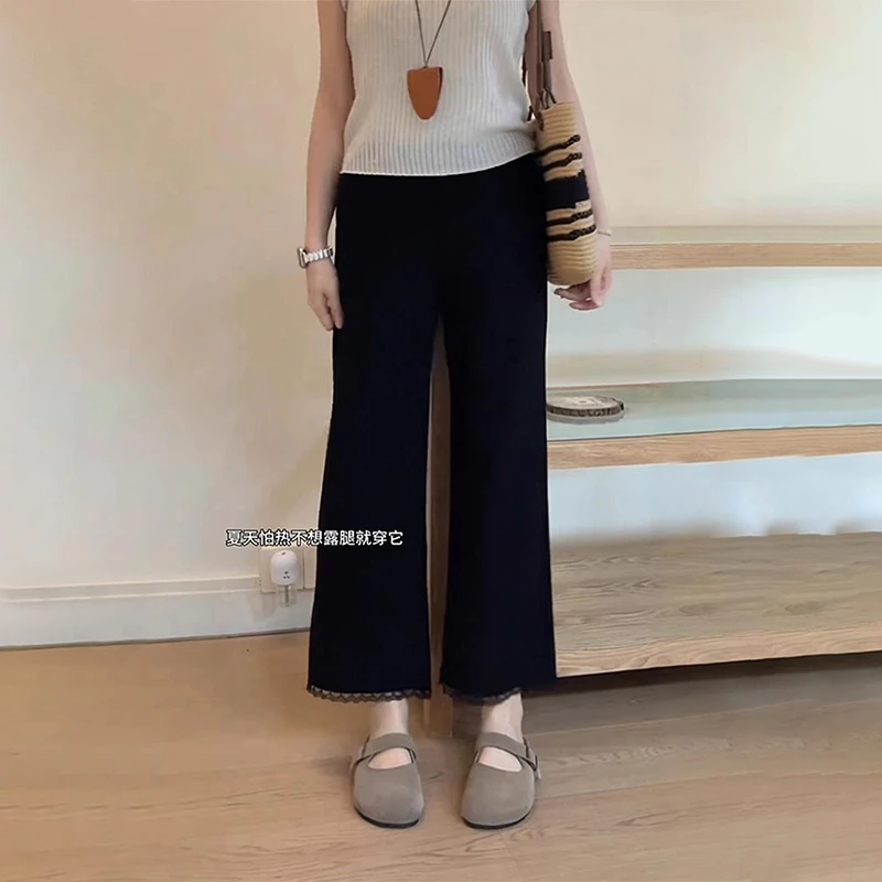 蕾丝花边直筒阔腿休闲裤女秋季梨型身材高腰遮胯显瘦弹力九分裤子