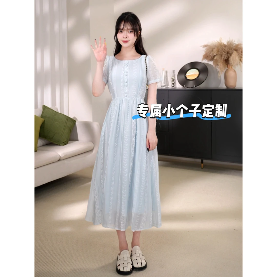 【小个子专属】夏季小清新垂感连衣裙连衣裙夏装复古圆领-8508