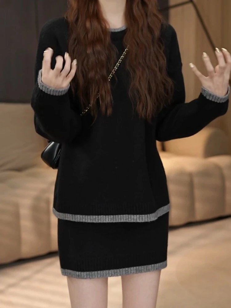 设计感慵懒风撞色圆领针织两件套宽松百搭冬季新年红色裙子套装