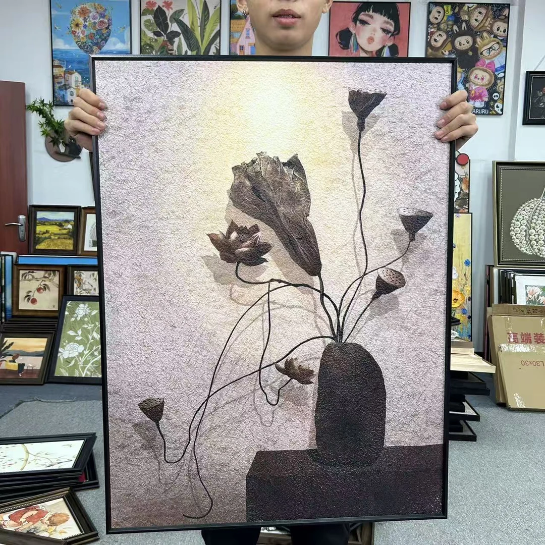 日式侘寂风客厅沙发背景墙画入户玄关过道砂岩装饰画6080