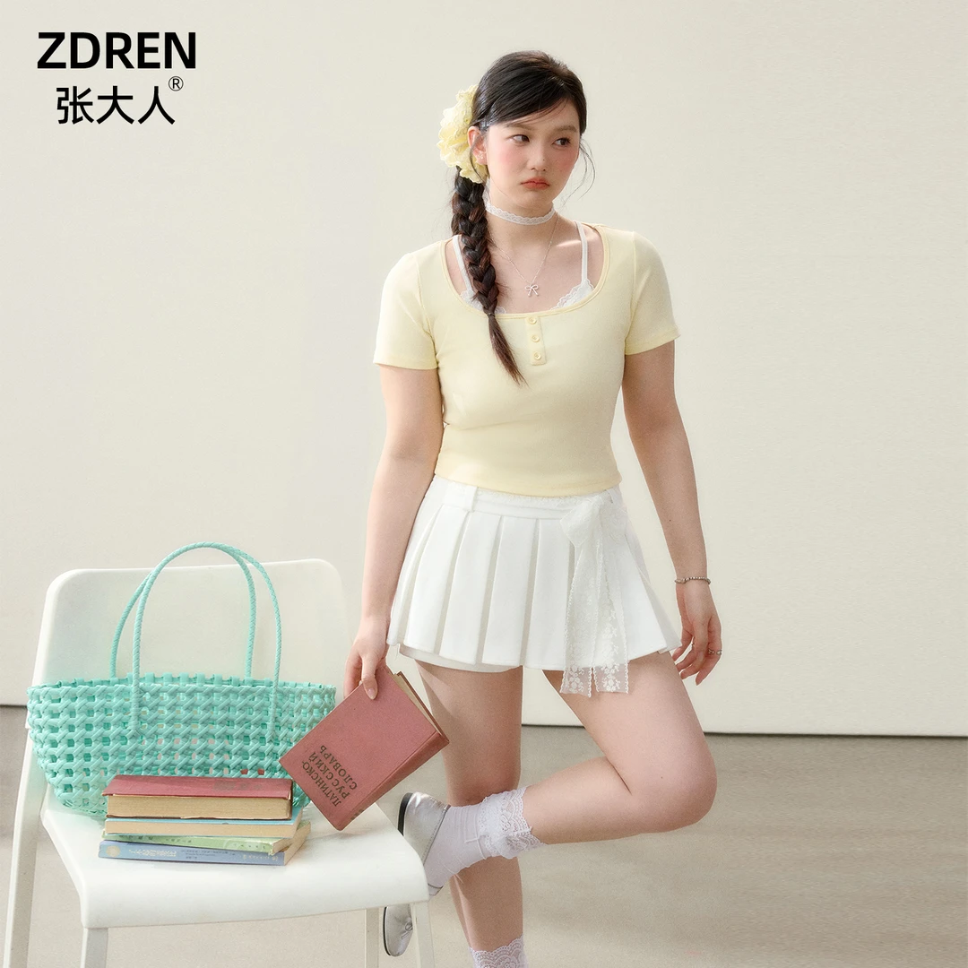 张大人【奶油蛋糕】大码女装微胖妹妹甜美减龄假两件上衣搭百褶裙